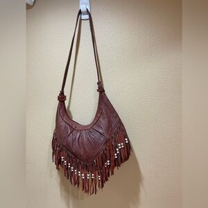 Vintage maroon leather beaded fringed bag